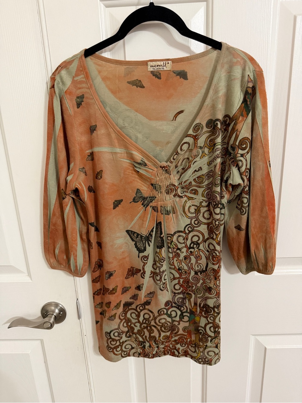One World Live and Let Live M Rust Peach Butterfly Tree Print Boho Tunic Top